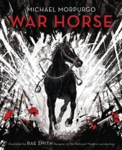 War horse large black horse running through battlefield red poppies on ground