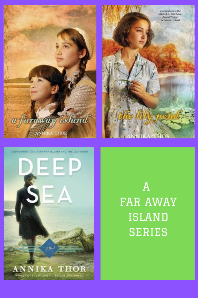 Four-grid top left two girls facing left edge sea and hills behind them next box young girl in blue dress in front of lily pond bottom left Deep Sea letters in front of girl's back in dark coat last box A faraway island series