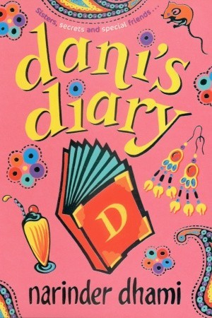 dani's diary in yellow letters on pink background. images of drink in glass, red book with yellow D on cover. dangly earrings and rat in top corner. patterns of flowers and swirly Indian looking images around.