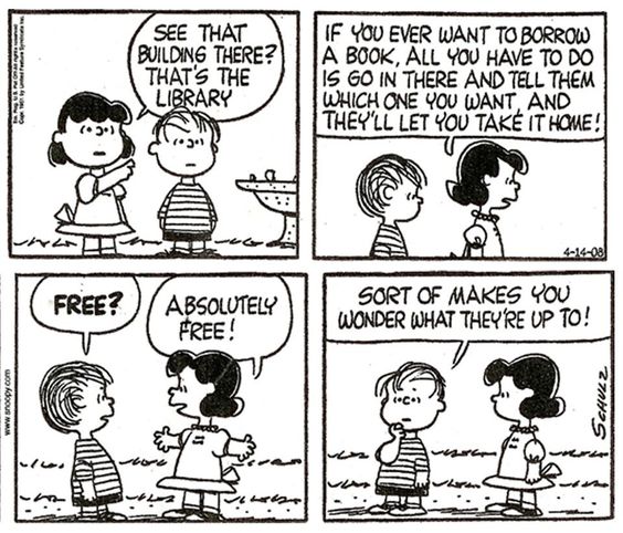 four-grid comic strip with characters from Peanuts, Lucy and Linus. they are talking about library in front which gives books for free.