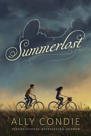 cover image of boy and girl riding bikes along brown field. sky behind light orange with darkening clouds above them. white cursive letters above them read Summerlost.