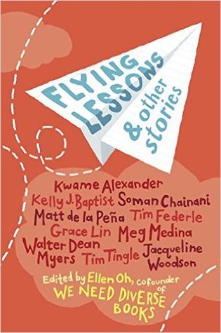 cover image of paper plane with blue letters reading Flying Lessons & other stories on flaps. background red and orange clouds. large cloud has list of author contributors.