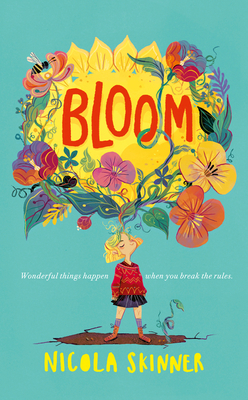 cover image of young girl in red sweater and black skirt with large collection of flowers coming out of her head. red, orange and pink flowers around. green background. large red letters in middle of flowers in middle reads 'Bloom.'