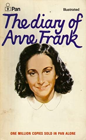 cover image of hand-painted face of young smiling girl with dark black hair in white background. large blue letters above her reads 'The diary of Anne Frank' in cursive letters.