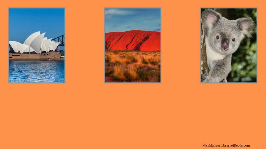 bright orange background with three images along top. top left image of Sydney Opera house with white curved structure with blue sky and sea. middle image of portion of bright red Ayres Rock in desert landscape. right image of grey koala bear and leaves behind him.