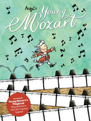 cover image of small boy in orange-brown outfit with white hair jumping from black and white keys of piano. musical notes around him on green background above. large white cursive letters read Young Mozart.